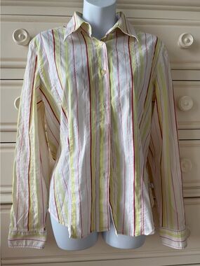 Trussardi, Striped Button-Up Shirt in White, Yellow-green & pink